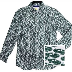 BODEN Dark Green Car Print Button Down Shirt Toddler Boy Size 2-3 Years Racecar